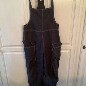 Almost Famous Y2K Black Wide Leg Cargo Overalls Sz M White Stitching